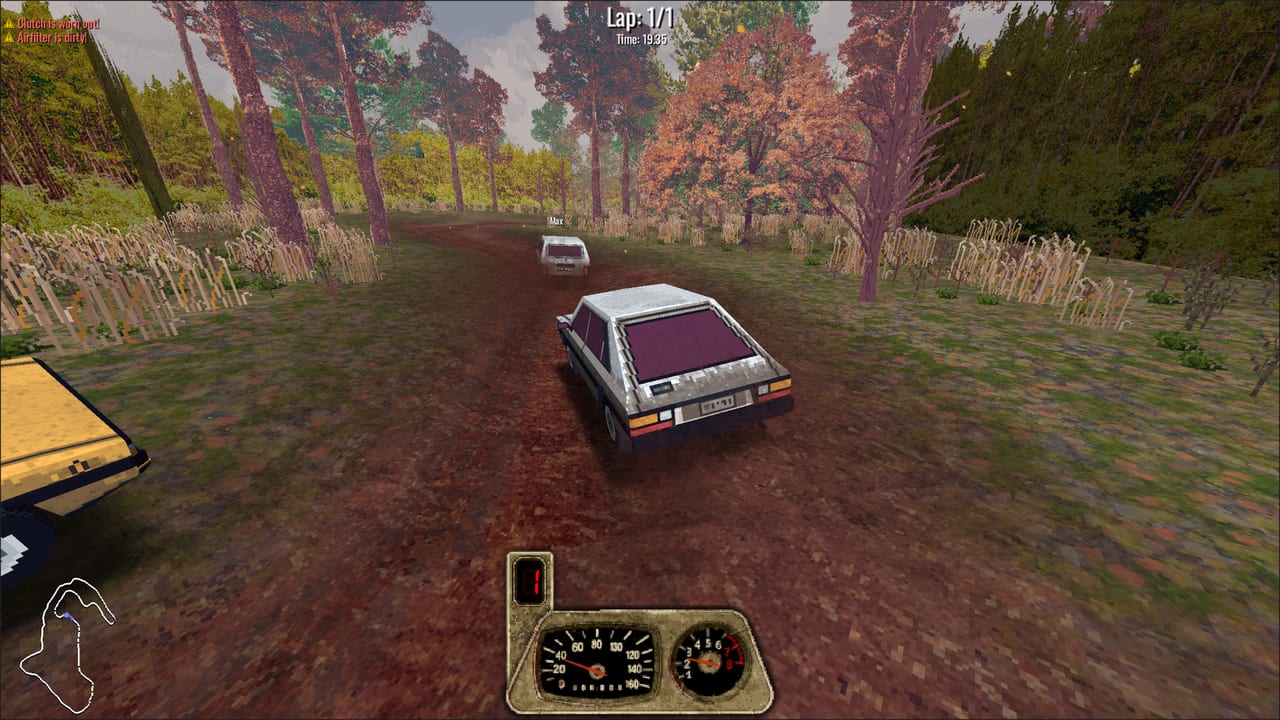 BeaterCore autumn dirt time trial with analog gauges and a worn hatchback